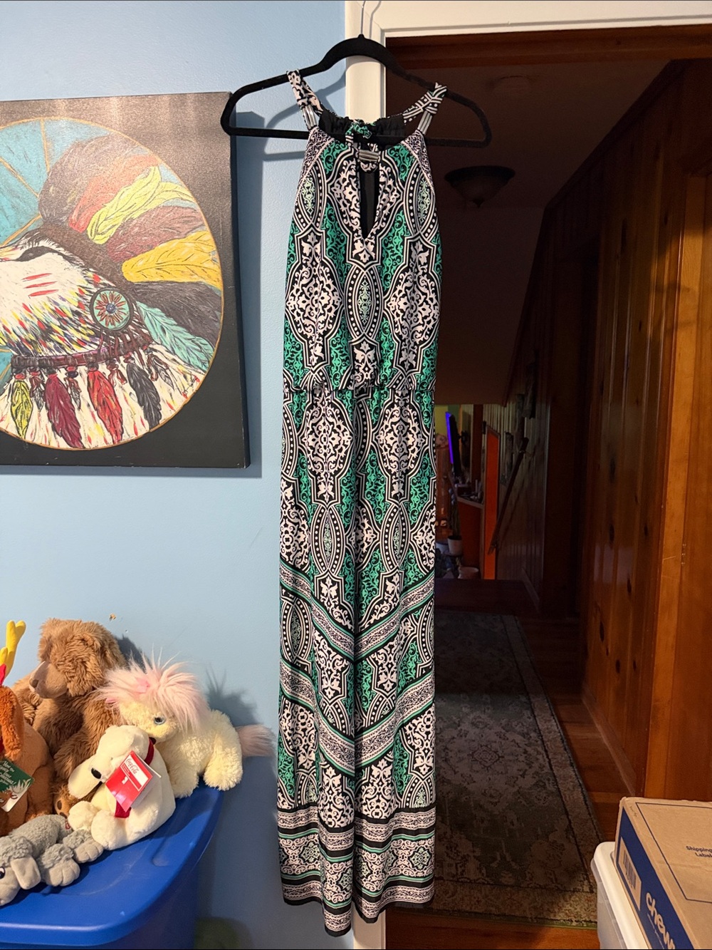 White House Black Market Green and Black Printed Halter Maxi Dress